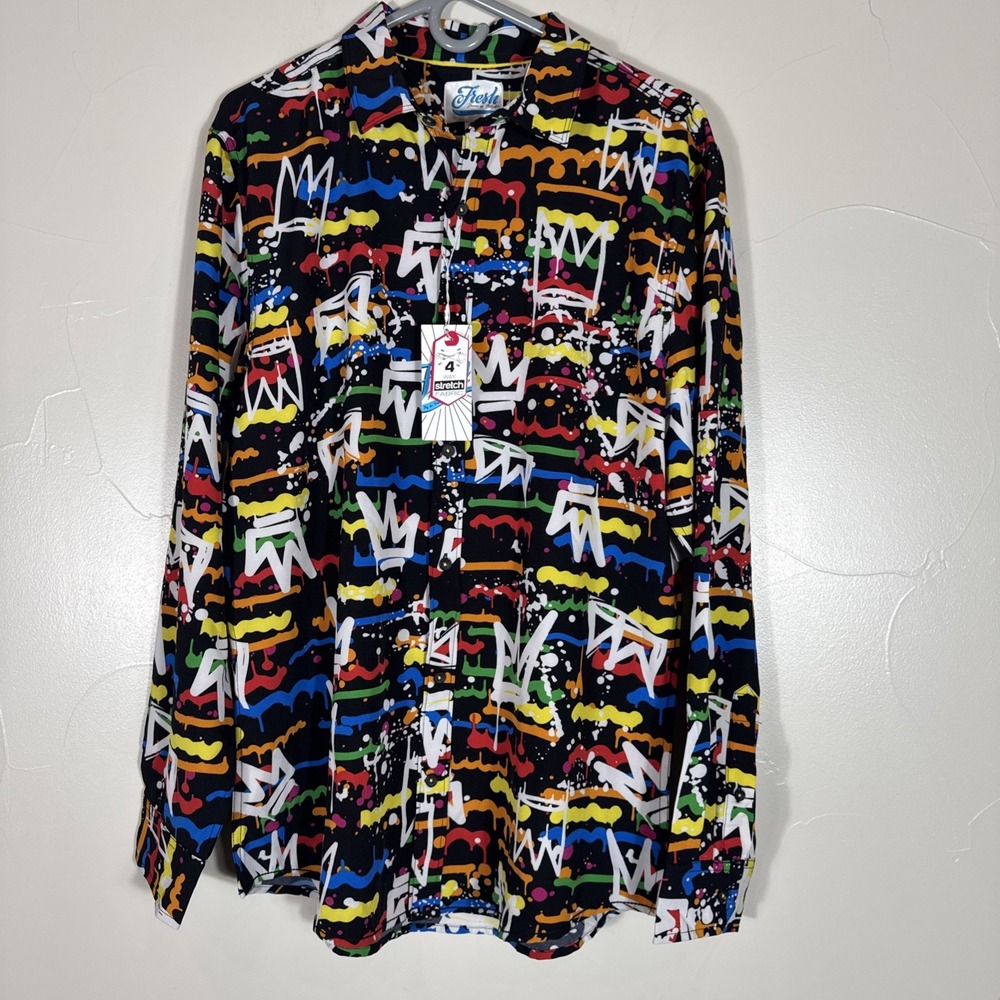 Fresh Prince of Bel Air Men's 90's Hip Hop Button Front Shirt L Stretchy NEW